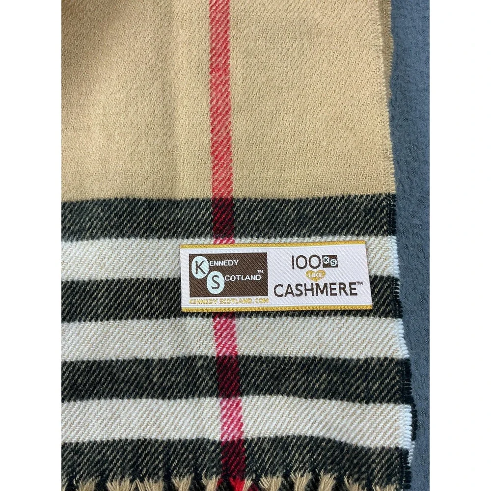 Kennedy Scotland Scarf Womens Beige Cashmere Plaid Rectangle Fringe Neck Warmer